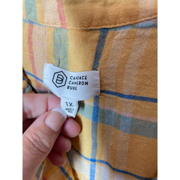 Candace Cameron Bure Yellow Plaid Shirt Linen Blend Button up 1X - Picture 3 of 4